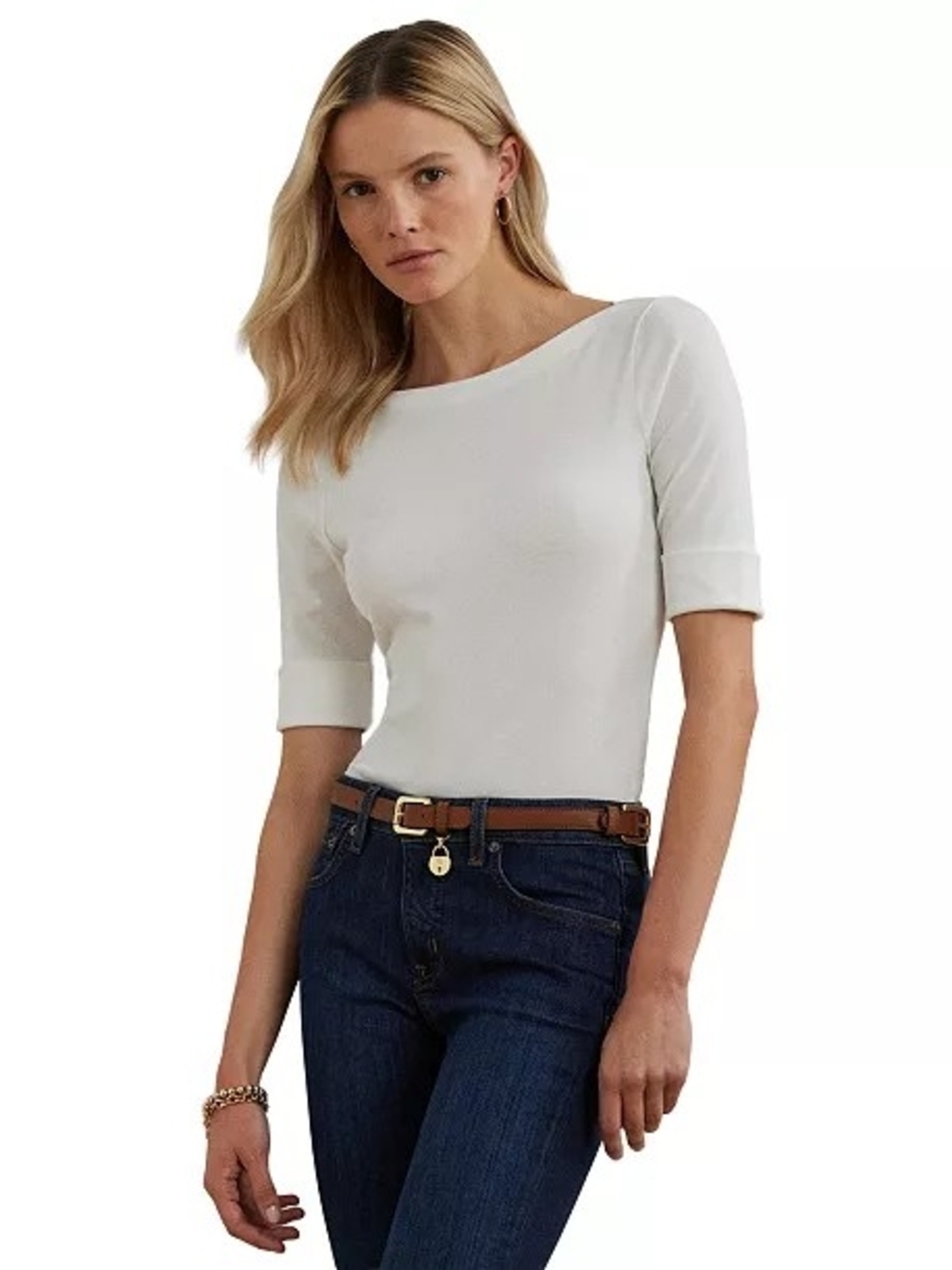 Lauren Ralph Lauren White Cotton Blend Boatneck Cuffed Elbow-Sleeve Tee Size XL